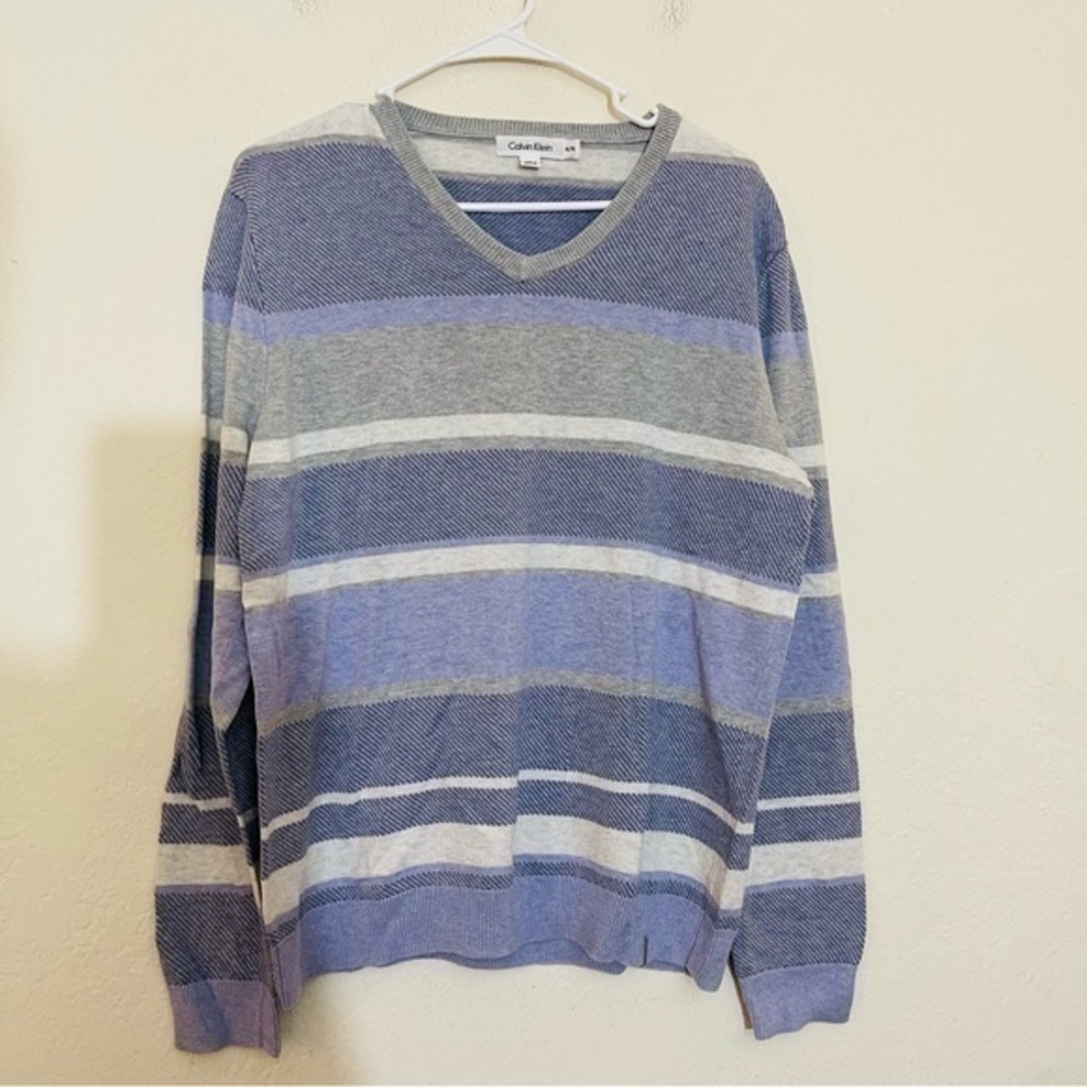 Calvin Klein V-Neck Long Sleeve Cotton Blend Sweater Men Size XL Blue/Gray